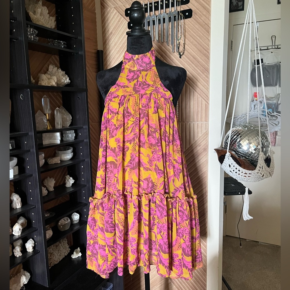 Summer Chic Boho Halter Neck Pink Yellow Short Mini Flowy Summer Tiered Dress